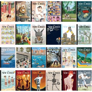 Może przedstawiać: Kolekcja dwudziestu czterech okładek magazynu "The New Yorker". Okładki przedstawiają r&oacute;żne ilustracje, w tym sceny z życia miasta, natury i portrety. Paleta kolor&oacute;w jest zr&oacute;żnicowana, z mieszanką żywych i stonowanych ton&oacute;w.