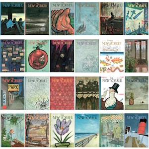 May include: A selection of vintage "The New Yorker" magazine covers. The illustrations depict diverse scenes, such as cityscapes, seasonal imagery, and abstract patterns. The colour schemes vary, with some covers displaying bright colours and others using more subdued tones.