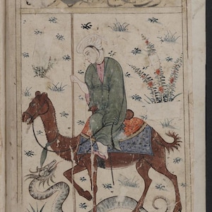May include: An illustration from a manuscript depicting a person riding a camel. The person wears a green robe and a white turban. The camel is brown with a blue and orange saddle. A serpent is depicted below the camel.