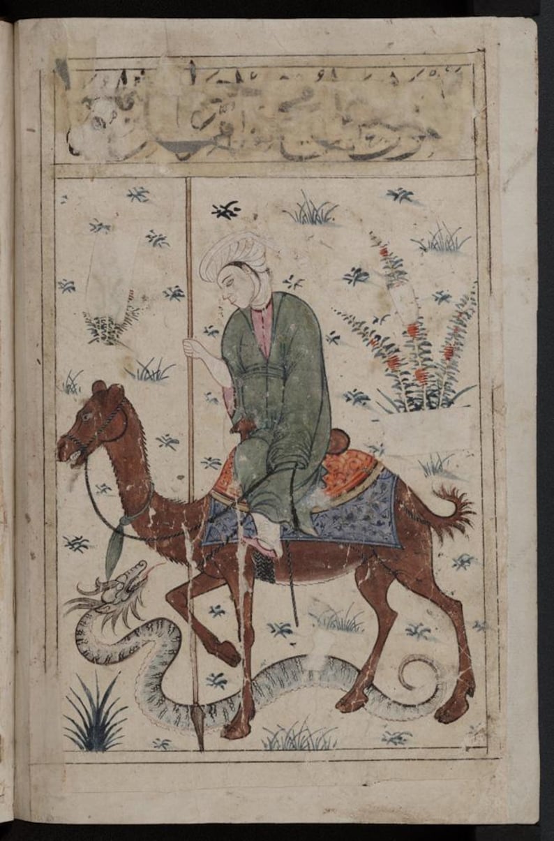May include: An illustration from a manuscript depicting a person riding a camel. The person wears a green robe and a white turban. The camel is brown with a blue and orange saddle. A serpent is depicted below the camel.