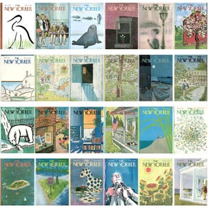 May include: A selection of vintage "The New Yorker" magazine covers. The illustrations include a stork, people at a table, a walrus, a brick wall with a window, a street lamp, and a tree in blossom. Each cover has a unique design.