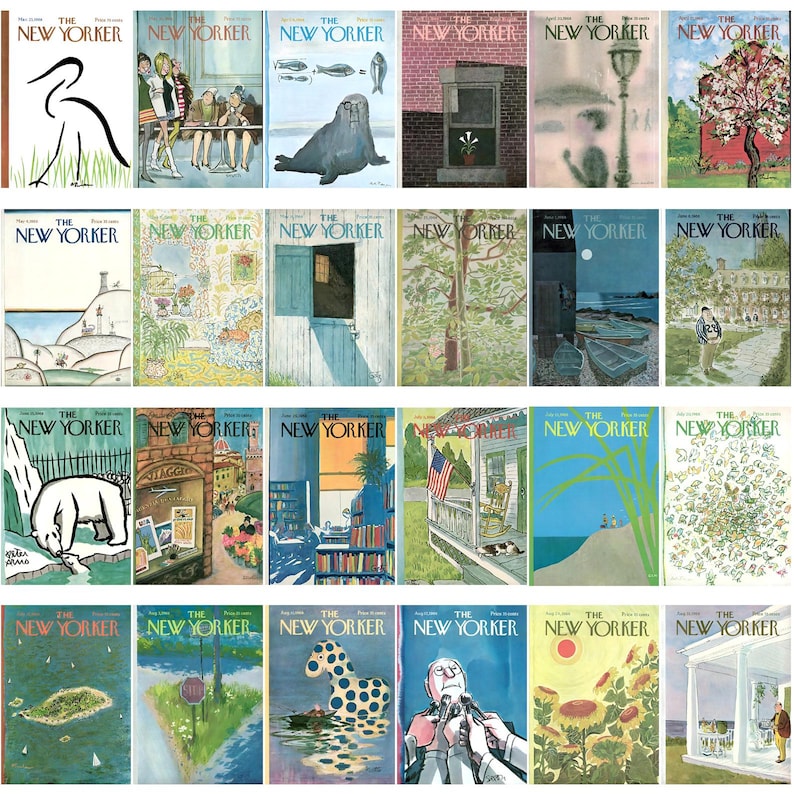 May include: A selection of vintage "The New Yorker" magazine covers. The illustrations include a stork, people at a table, a walrus, a brick wall with a window, a street lamp, and a tree in blossom. Each cover has a unique design.