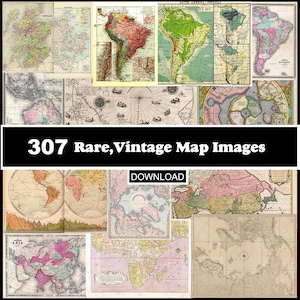Puede incluir: Un collage de mapas antiguos, que muestran varios continentes y regiones. Los mapas presentan una gama de colores, incluyendo verdes, rosas y amarillos, con detalles intrincados. El texto en una pancarta negra dice "307 Rare, Vintage Map Images" con un botón "DESCARGAR".