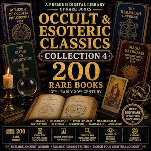 Puede incluir: Una biblioteca digital de 200 libros raros titulada Occult & Esoteric Classics Collection 4. La imagen muestra portadas de libros antiguos, un libro abierto con ilustraciones de pentagramas, una vela encendida, una bola de cristal y una carta del tarot.