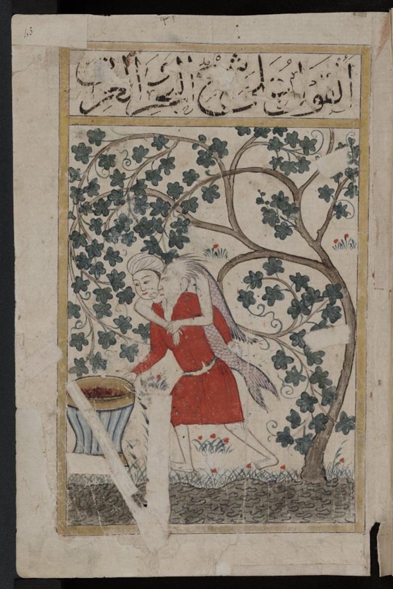 May include: An illustration from a manuscript depicting a figure in a red garment carrying a fish-like creature. The scene is set under a tree with green leaves and a blue and white vessel. The image has Arabic script at the top.