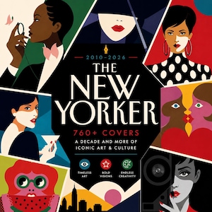 Może przedstawiać: Okładka magazynu The New Yorker, przedstawiająca kolaż kolorowych ilustracji. Okładka zawiera tytuł magazynu, liczbę okładek oraz tekst o kultowej sztuce i kulturze.