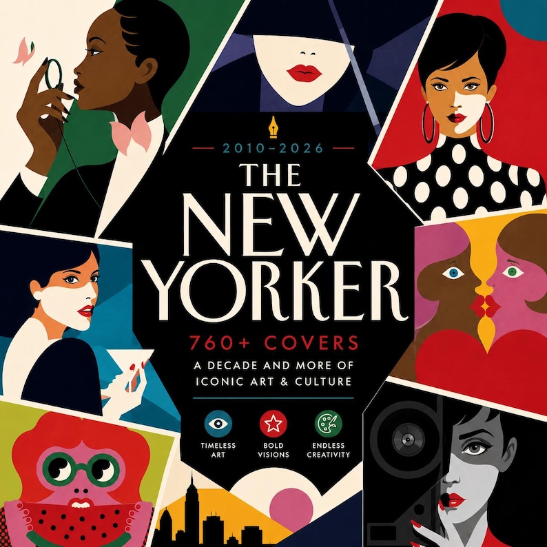 Może przedstawiać: Okładka magazynu The New Yorker, przedstawiająca kolaż kolorowych ilustracji. Okładka zawiera tytuł magazynu, liczbę okładek oraz tekst o kultowej sztuce i kulturze.