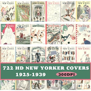 May include: A digital collection of 722 high-definition New Yorker magazine covers from 1925 to 1939, presented in 300 DPI. The image displays a grid of various illustrated magazine covers featuring diverse scenes, characters, and artistic styles.