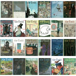 May include: A selection of vintage "The New Yorker" magazine covers. The illustrations depict diverse scenes, such as people, landscapes, and abstract designs. The colour schemes vary, with some covers using bright colours and others employing more subdued tones.