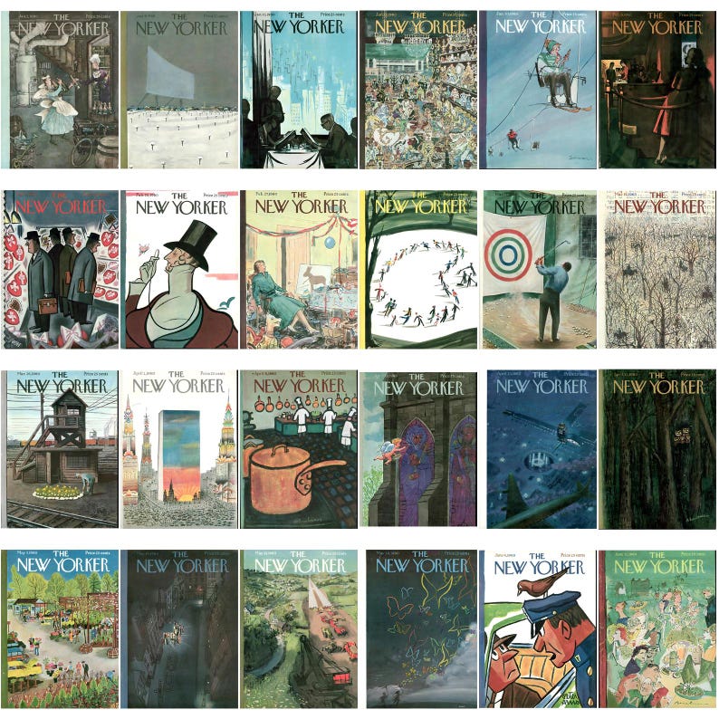 May include: A selection of vintage "The New Yorker" magazine covers. The illustrations depict diverse scenes, such as people, landscapes, and abstract designs. The colour schemes vary, with some covers using bright colours and others employing more subdued tones.
