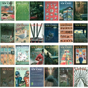 May include: A selection of vintage "The New Yorker" magazine covers. The covers display diverse illustrations, including landscapes, cityscapes, and figures. The colour palette varies, with some covers using vibrant hues and others using more muted tones. The magazines are arranged in a grid.