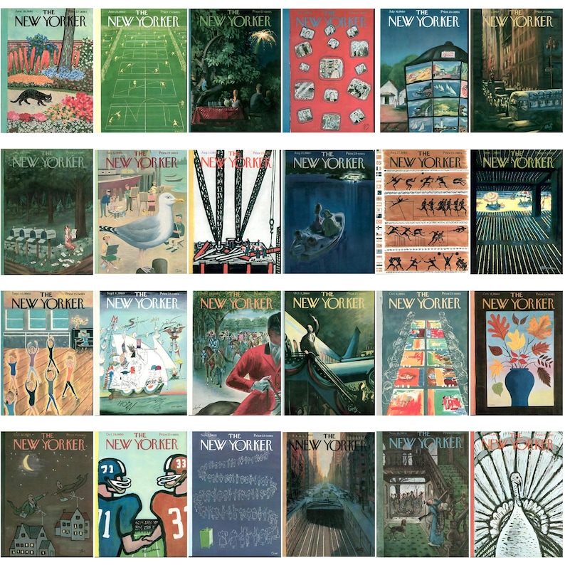 May include: A selection of vintage "The New Yorker" magazine covers. The covers display diverse illustrations, including landscapes, cityscapes, and figures. The colour palette varies, with some covers using vibrant hues and others using more muted tones. The magazines are arranged in a grid.
