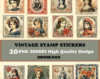 Vintage Stempel Aufkleber: Viktorianische Mädchen, Rosen, Collagenelemente (Digitaler Download)