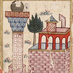 May include: An antique illustration featuring Arabic calligraphy at the top. The artwork depicts a tall column with intricate blue and red detailing, topped with a decorative element. A red brick building with arched windows and a small tower is also shown.