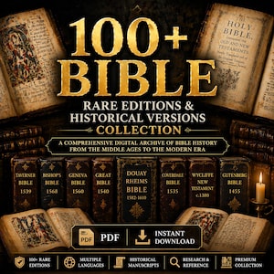 Op de afbeelding: Een advertentie voor een digitale collectie van meer dan 100 zeldzame Bijbeluitgaven en historische versies. De afbeelding toont open antieke boeken, de tekst "100+ BIBLE" in goud en de namen van verschillende Bijbelversies met data.