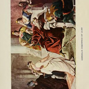 May include: An illustration depicting a scene from a play, featuring figures in period clothing. A central figure in a red robe is surrounded by other characters, with the text "CORDELIA DISOWNED BY LEAR" visible.