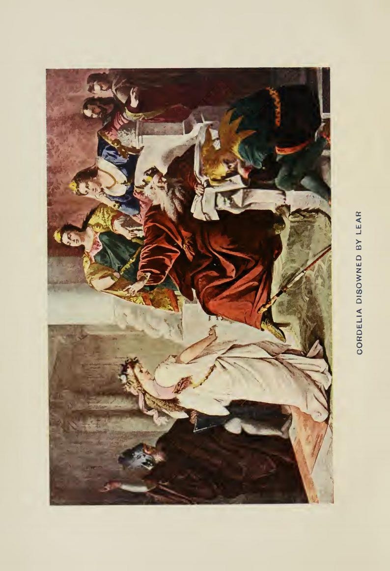 May include: An illustration depicting a scene from a play, featuring figures in period clothing. A central figure in a red robe is surrounded by other characters, with the text "CORDELIA DISOWNED BY LEAR" visible.