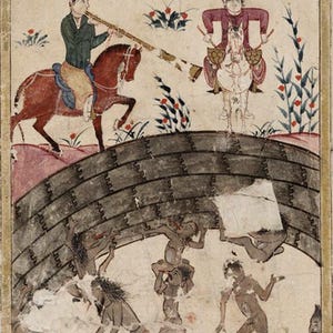 May include: An antique illustration depicting a scene with figures on horseback, a bridge, and fantastical creatures. The artwork features riders with instruments, a brick bridge, and figures interacting with a serpentine form. The color palette includes reds, browns, and beige.
