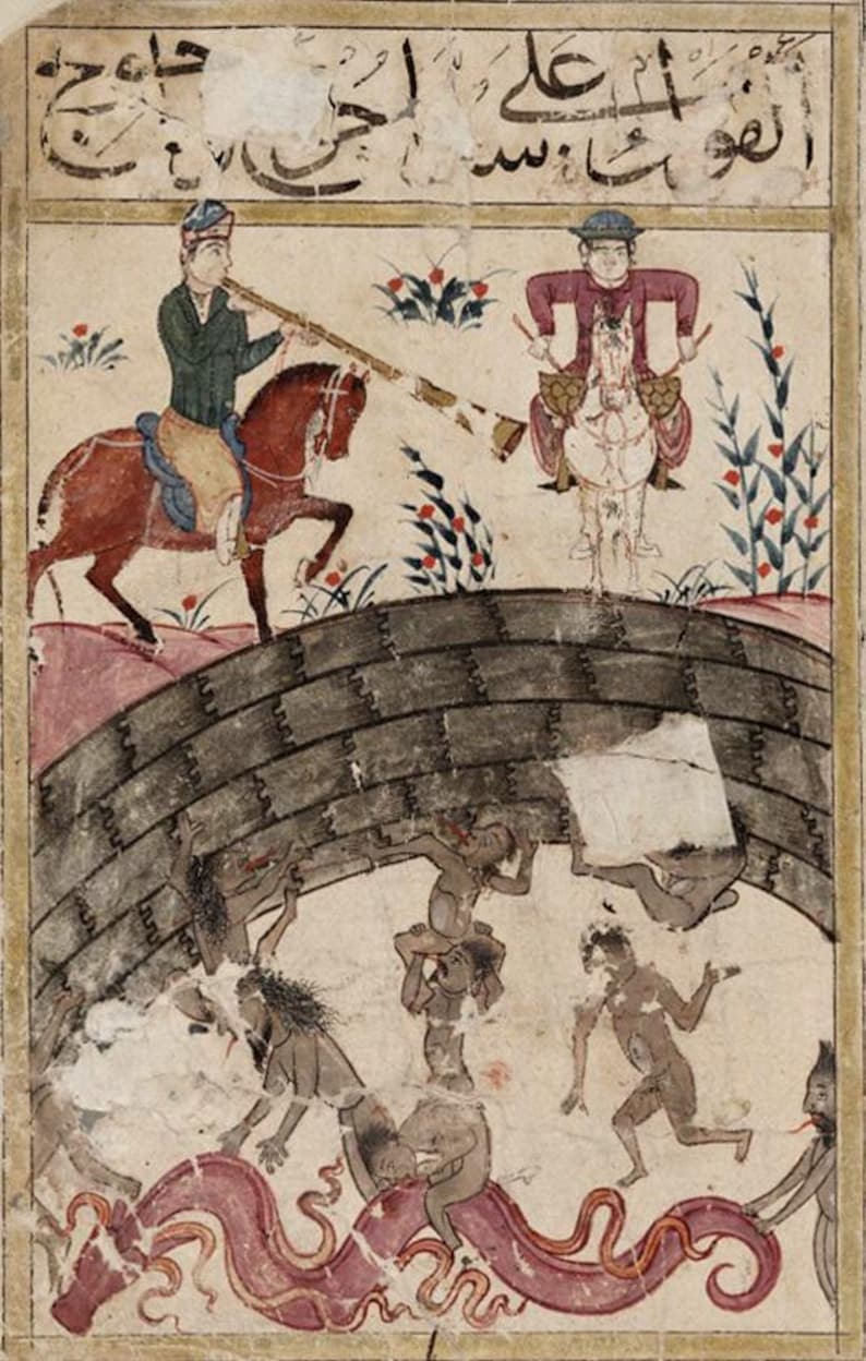 May include: An antique illustration depicting a scene with figures on horseback, a bridge, and fantastical creatures. The artwork features riders with instruments, a brick bridge, and figures interacting with a serpentine form. The color palette includes reds, browns, and beige.