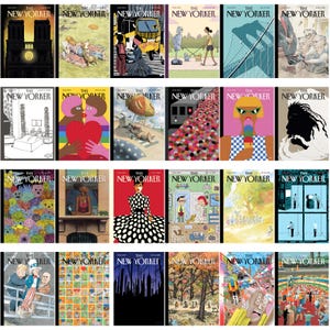 Może przedstawiać: Kolekcja okładek magazynu "The New Yorker". Okładki prezentują r&oacute;żnorodne ilustracje, w tym pejzaże miejskie, portrety i abstrakcyjne wzory. Paleta kolor&oacute;w jest zr&oacute;żnicowana, niekt&oacute;re okładki prezentują żywe kolory, a inne bardziej stonowane.