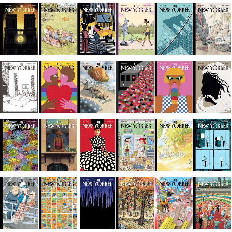 Może przedstawiać: Kolekcja okładek magazynu "The New Yorker". Okładki prezentują r&oacute;żnorodne ilustracje, w tym pejzaże miejskie, portrety i abstrakcyjne wzory. Paleta kolor&oacute;w jest zr&oacute;żnicowana, niekt&oacute;re okładki prezentują żywe kolory, a inne bardziej stonowane.