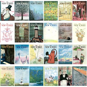 May include: A selection of vintage "The New Yorker" magazine covers. The illustrations depict diverse scenes, such as cityscapes, nature, and portraits. The covers showcase a variety of artistic styles and a range of colours.