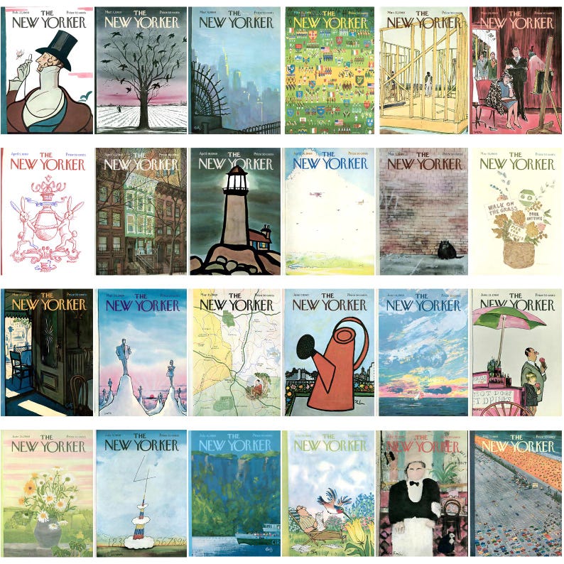 May include: A selection of vintage "The New Yorker" magazine covers. The illustrations depict diverse scenes, such as cityscapes, nature, and portraits. The covers showcase a variety of artistic styles and a range of colours.