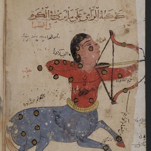 May include: An illustration from an ancient manuscript depicts a centaur archer, a figure from the Sagittarius constellation. The archer, with a human upper body and a horse's lower body, is clad in red and blue, with a bow drawn. The image is on aged parchment.