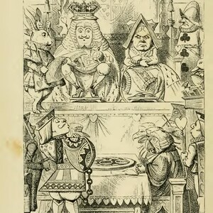 May include: Black and white illustration depicting a scene from a storybook. The image features a king and queen seated on thrones, surrounded by various characters, including a rabbit and playing card figures. A table is set in the foreground.