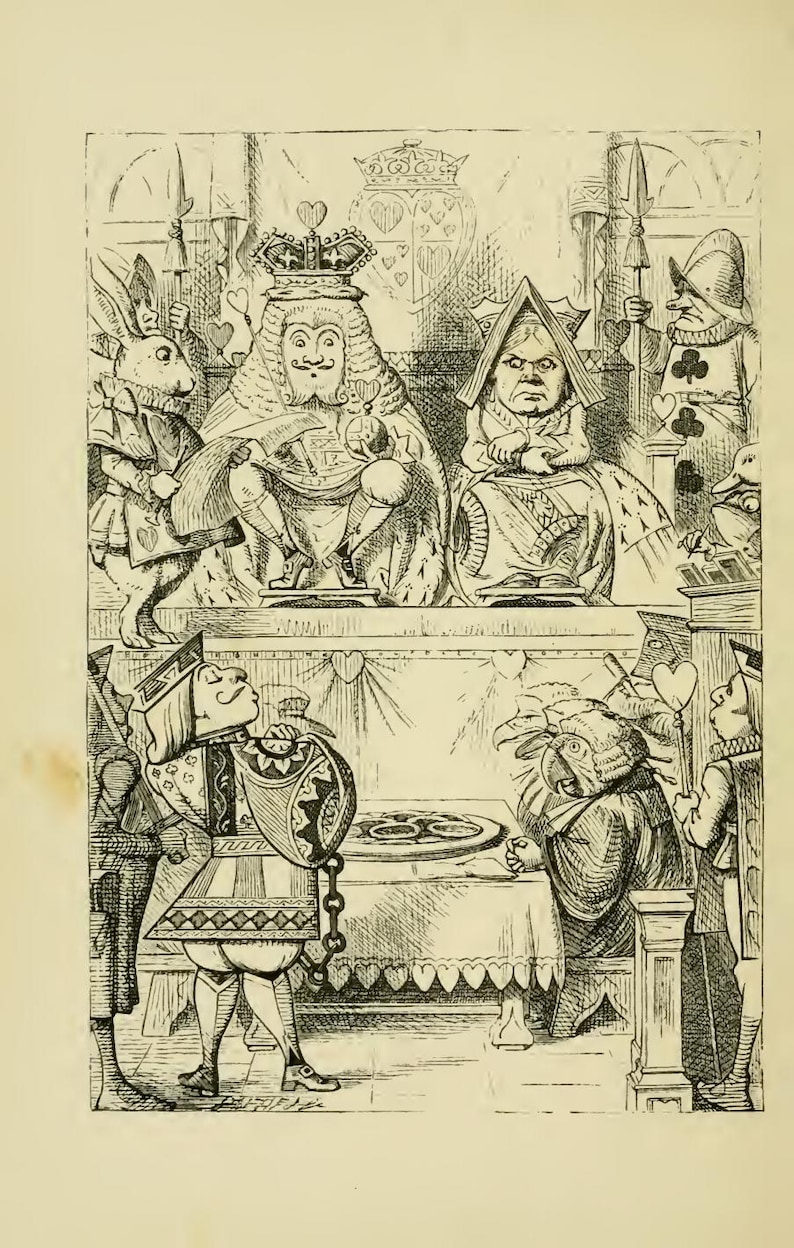 May include: Black and white illustration depicting a scene from a storybook. The image features a king and queen seated on thrones, surrounded by various characters, including a rabbit and playing card figures. A table is set in the foreground.