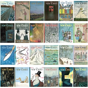 May include: A selection of vintage "The New Yorker" magazine covers. The illustrations depict scenes such as cityscapes, people, and abstract designs. The colour schemes vary, with some covers using bright colours and others using more subdued tones.