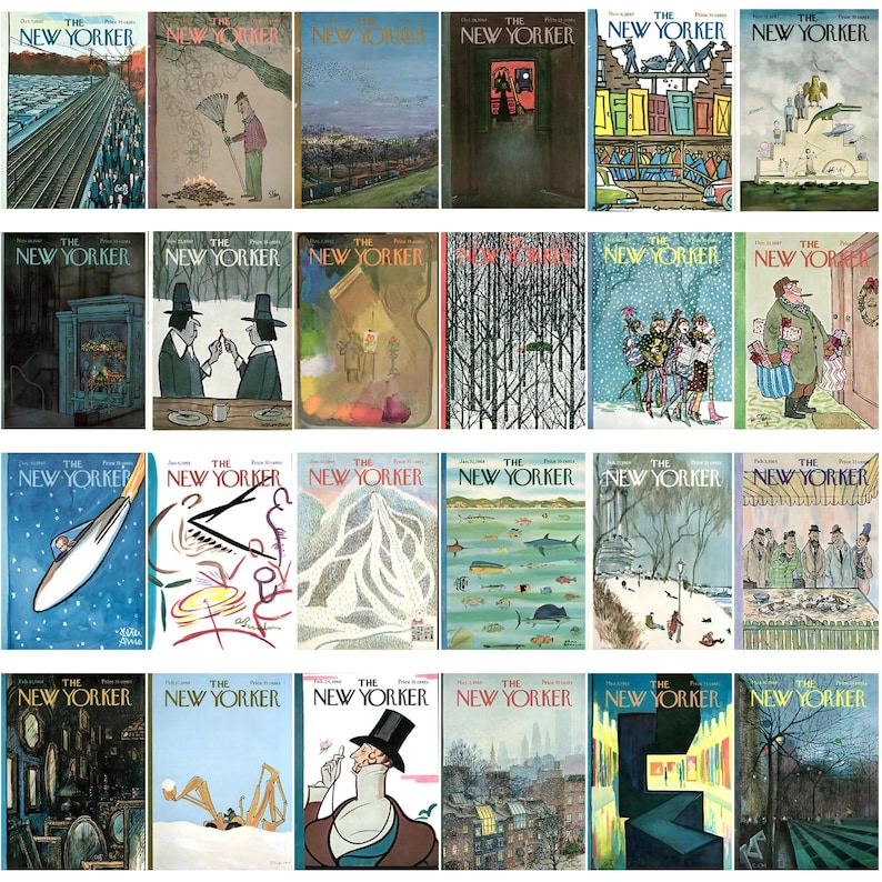 May include: A selection of vintage "The New Yorker" magazine covers. The illustrations depict scenes such as cityscapes, people, and abstract designs. The colour schemes vary, with some covers using bright colours and others using more subdued tones.
