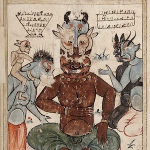 May include: Antique illustration depicting a seated figure with multiple animal heads, surrounded by other fantastical creatures. The artwork features a palette of browns, blues, and greens, with intricate details and text in an aged, parchment-like style.