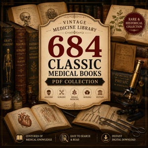 May include: A digital collection of 684 classic medical books in PDF format. The central graphic features the text VINTAGE MEDICINE LIBRARY 684 CLASSIC MEDICAL BOOKS PDF COLLECTION, surrounded by antique books, a brass microscope, and medical tools.