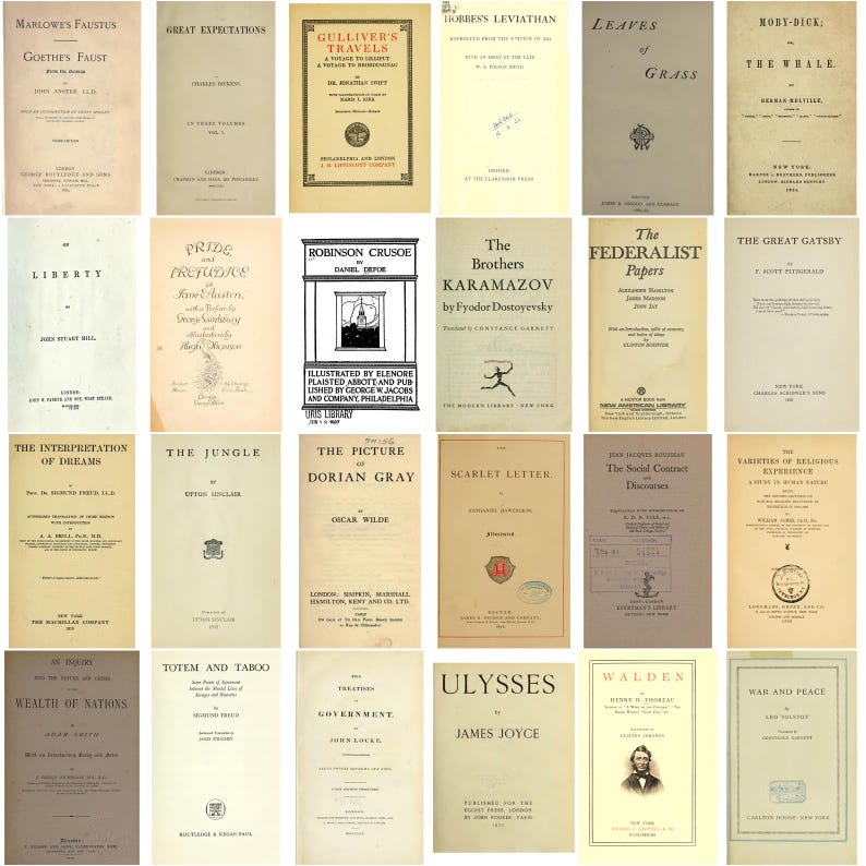May include: A collection of vintage book covers, featuring titles like "Leaves of Grass," "Moby Dick," and "The Great Gatsby." The covers are aged with a sepia tone, showcasing classic literature. The books are arranged in a grid.