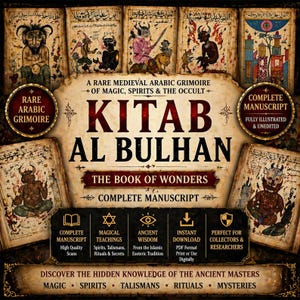 May include: An image of the "Kitab Al Bulhan," a rare medieval Arabic grimoire. The image features illustrations of spirits and occult figures, with text that reads "The Book of Wonders" and "Complete Manuscript."