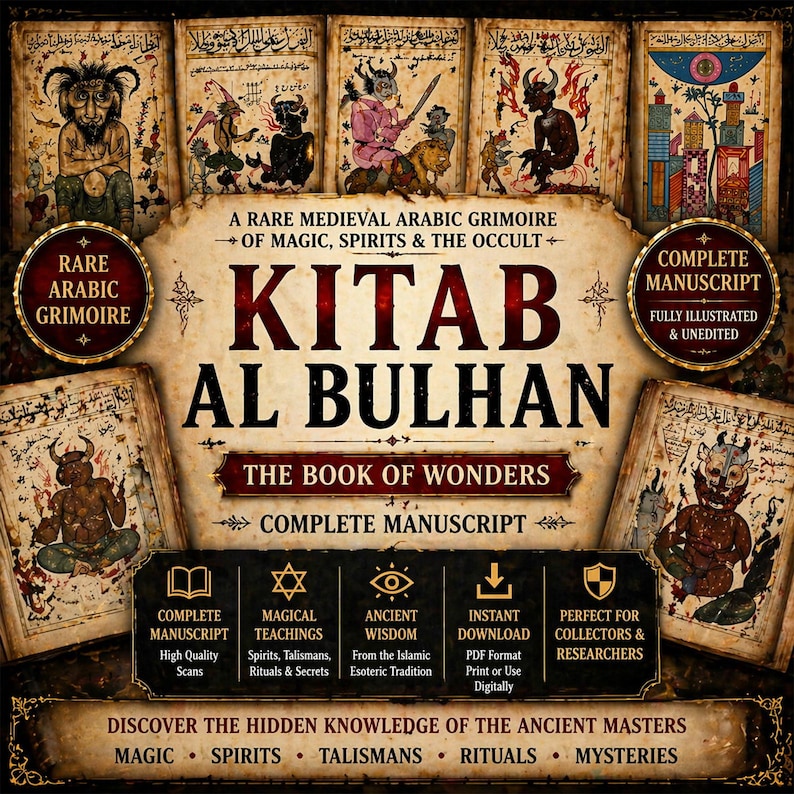May include: An image of the "Kitab Al Bulhan," a rare medieval Arabic grimoire. The image features illustrations of spirits and occult figures, with text that reads "The Book of Wonders" and "Complete Manuscript."