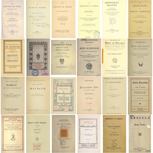 May include: A collection of vintage book covers, featuring titles like "The Republic of Plato," "The Odyssey of Homer," and "Hamlet." The covers are in various colors, with text and decorative elements.