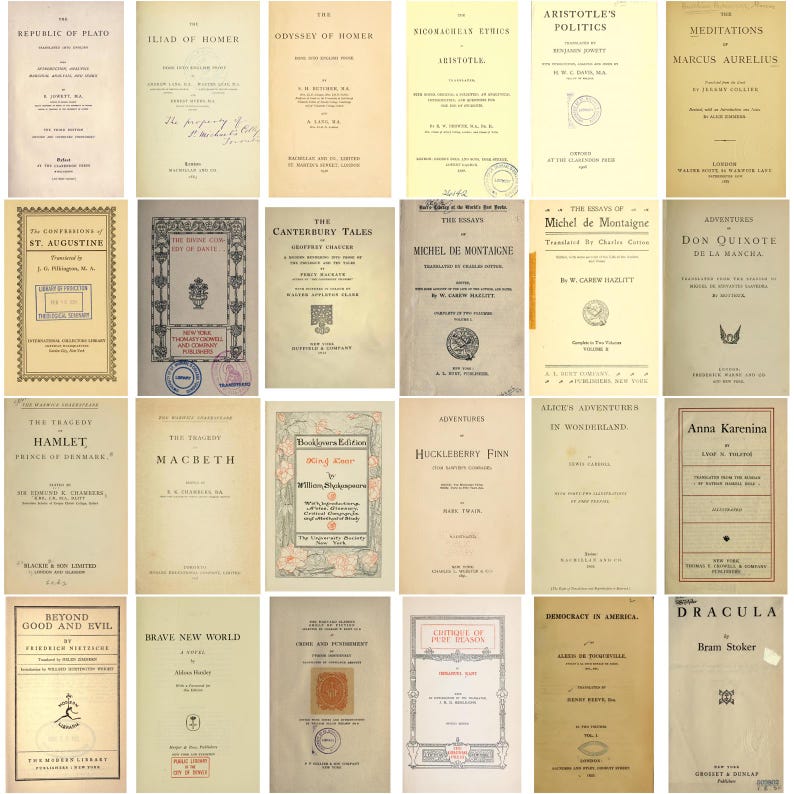 May include: A collection of vintage book covers, featuring titles like "The Republic of Plato," "The Odyssey of Homer," and "Hamlet." The covers are in various colors, with text and decorative elements.