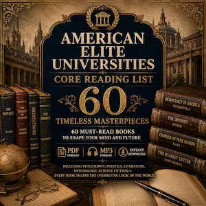 Könnte beinhalten: Werbung für eine Leseliste mit 60 zeitlosen Meisterwerken der American Elite Universities. Das Bild zeigt Bücherstapel, einen Globus und den Text "American Elite Universities Core Reading List 60 Timeless Masterpieces."