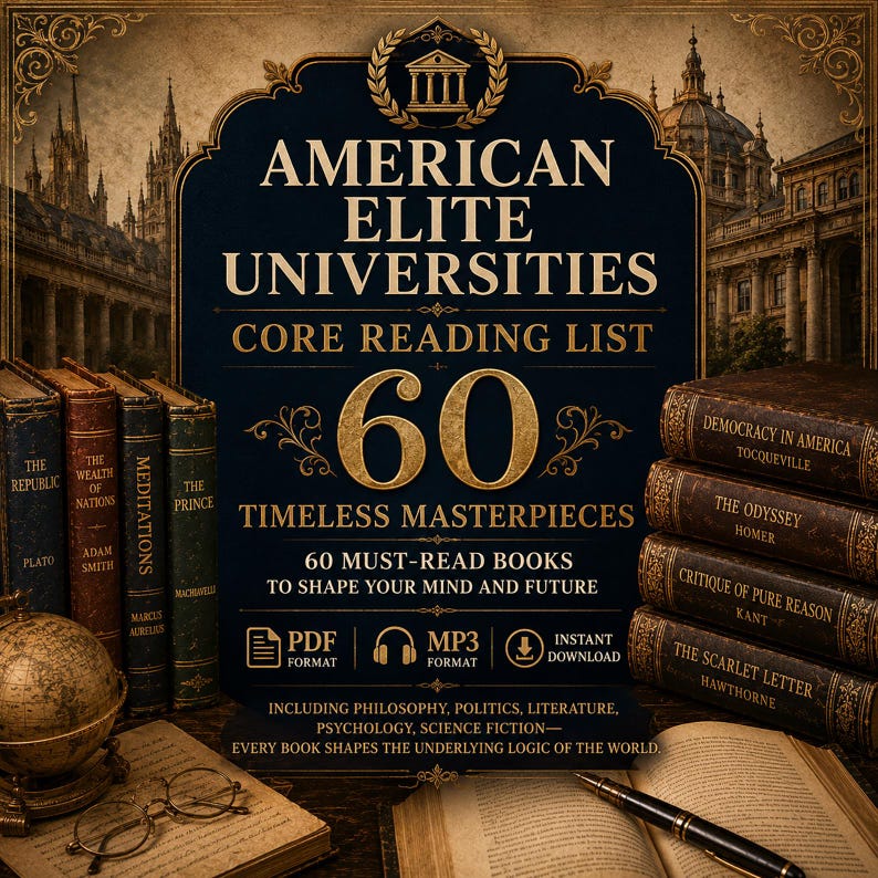 May include: An advertisement for a reading list of 60 timeless masterpieces from American Elite Universities. The image features stacks of books, a globe, and the text "American Elite Universities Core Reading List 60 Timeless Masterpieces."