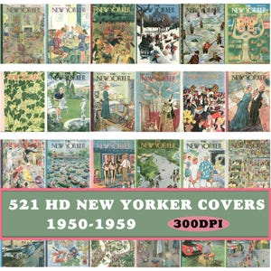 以下が含まれることがあります： 1950年から1959年までのニューヨーカー誌の表紙521枚を収録した300DPIの高解像度デジタルコレクション。画像には、さまざまなシーン、色、芸術的スタイルが描かれたイラスト入りの表紙がグリッド状に並んでいます。