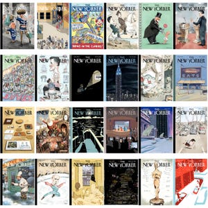 Może przedstawiać: Kolekcja okładek magazynu "The New Yorker" w stylu vintage. Okładki przedstawiają r&oacute;żne ilustracje, w tym pejzaże miejskie, karykatury i sceny z życia codziennego. Magazyny są wyświetlane w siatce, prezentując r&oacute;żnorodne style artystyczne i tematy.