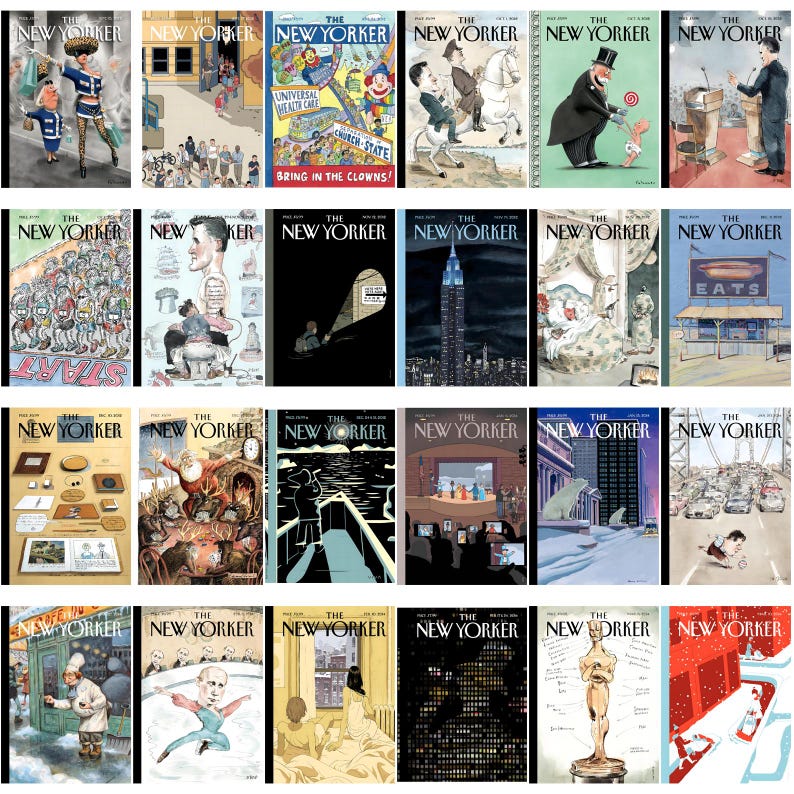 Może przedstawiać: Kolekcja okładek magazynu "The New Yorker" w stylu vintage. Okładki przedstawiają r&oacute;żne ilustracje, w tym pejzaże miejskie, karykatury i sceny z życia codziennego. Magazyny są wyświetlane w siatce, prezentując r&oacute;żnorodne style artystyczne i tematy.