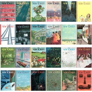 May include: A selection of vintage "The New Yorker" magazine covers. The illustrations depict a range of scenes, such as cityscapes, floral arrangements, and everyday life. The covers display a variety of colours, from bright to more subdued tones.