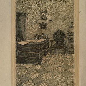 May include: An antique illustration of a room with a desk, chair, and patterned wallpaper. The desk is large and rectangular, with papers on top. A chair with a circular back is positioned near the desk. The floor has a checkered pattern.