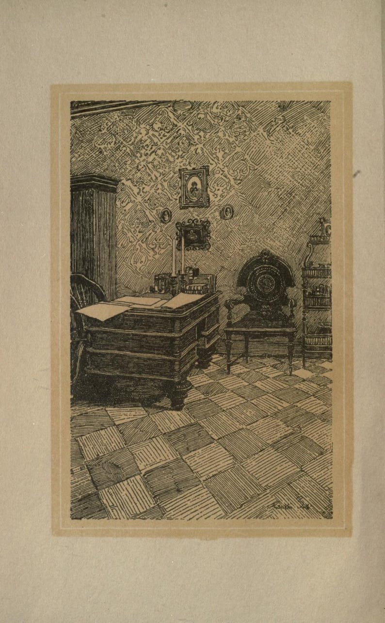 May include: An antique illustration of a room with a desk, chair, and patterned wallpaper. The desk is large and rectangular, with papers on top. A chair with a circular back is positioned near the desk. The floor has a checkered pattern.