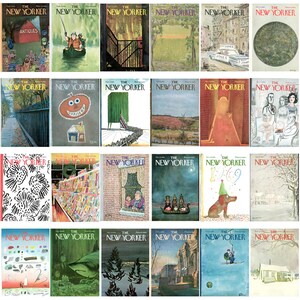 May include: A selection of vintage "The New Yorker" magazine covers. The illustrations depict diverse scenes, such as landscapes, urban settings, and quirky characters. The covers display a variety of artistic styles and colour palettes.