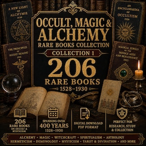 Puede incluir: Una colección digital de 206 libros raros sobre ocultismo, magia y alquimia de 1528 a 1930. La imagen muestra portadas de libros antiguos, un libro abierto, una bola de cristal, una carta del tarot y una vela, en formato PDF.