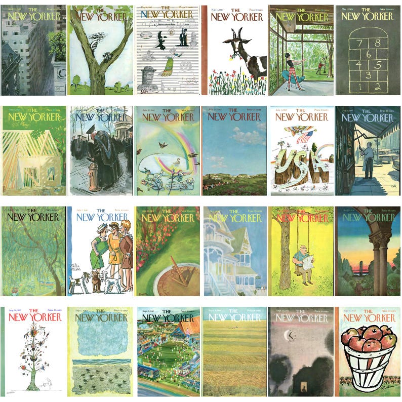 May include: A selection of vintage "The New Yorker" magazine covers. The covers showcase diverse illustrations, including cityscapes, nature scenes, and whimsical drawings. The colour palette varies, with a mix of vibrant and muted tones. The magazine covers are arranged in a grid.